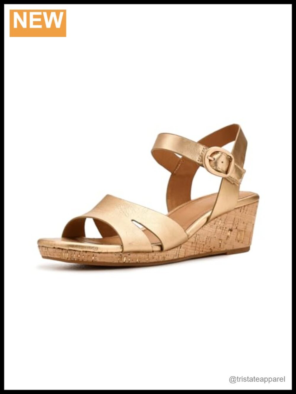 Leather Wedge Sandal with Buckle Ankle Strap and Foam Cushioned Footbed